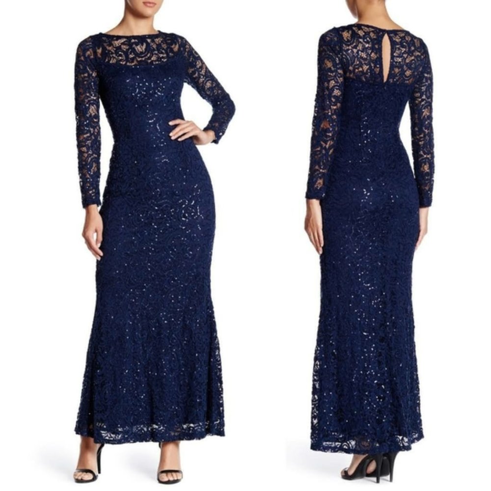 New w/Tags, Gorgeous Navy/Colbalt Blue Sequin Overlay Long Evening Gown, LS